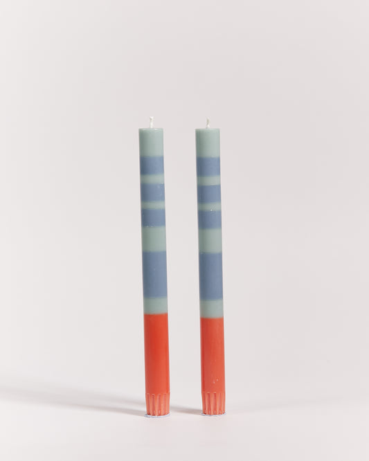 STRIPED CANDLE SET - CORAL & PALE BLUES