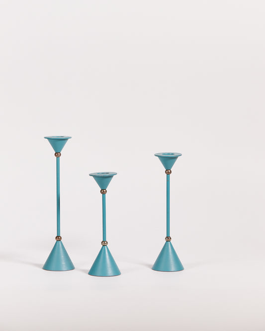 SET OF THREE BLUE CANDLE HOLDERS